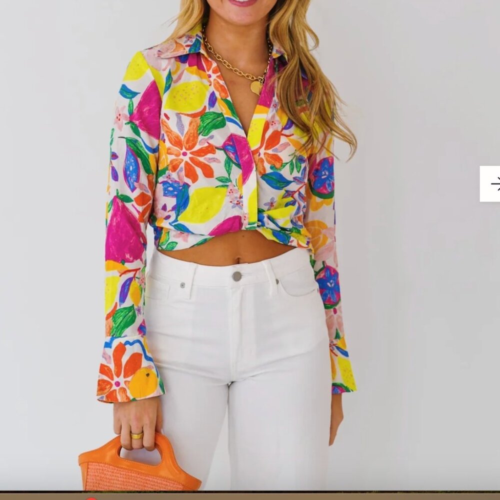 NWOT Fore Multicolored Bell Sleeve V-Neck Blouse